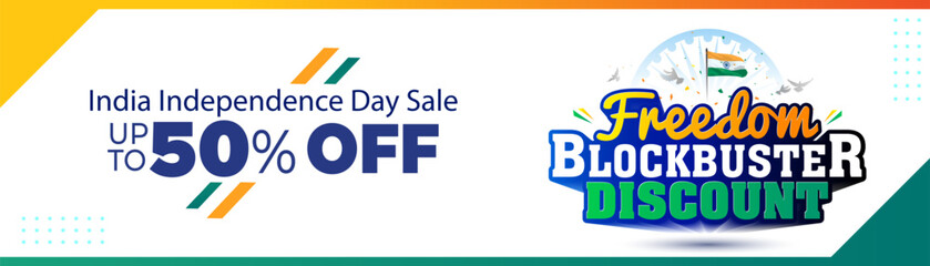 India Independence Day 50% off sale banner design with freedom blockbuster discount logo unit © New creative ideas