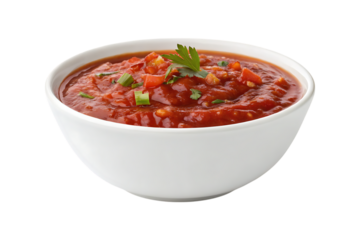 Red salsa with chopped tomatoes and green herbs in a white bowl image