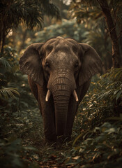 A powerful, full-frontal portrait of a wild elephant in its jungle habitat. Framed by tropical leaves and bathed in dramatic light, this majestic beast is a symbol of strength.