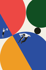 Collage of businessman falling into colorful radial chaos while woman presents report. Concept of failure, miscommunication, emotional disconnection, pressure, and surreal office tension.