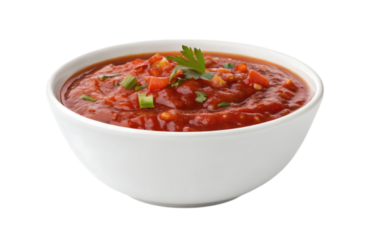 Red salsa with chopped tomatoes and green herbs in a white bowl image