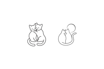 line art two cats hugging set bundle on the white background