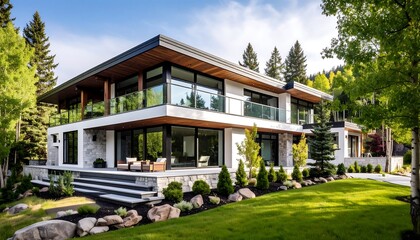 Modern house nestled in a wooded landscape