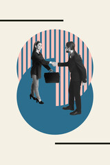 Contemporary collage of two professionals shaking hands inside striped circle suggesting agreement....