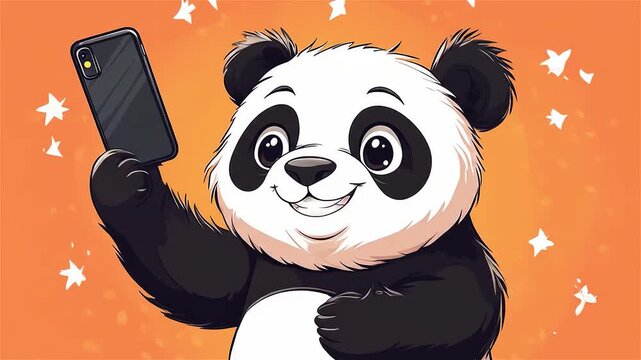 Cute panda taking a selfie with a smartphone against a vibrant orange background showcasing joyful energy and playful spirit