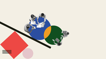 Creative digital artwork of creative team around abstract shapes in flat-lay view of workspace....