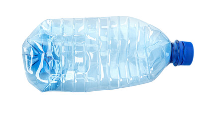 Crushed empty plastic water bottle with blue cap on white background