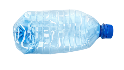 Crushed empty plastic water bottle with blue cap on white background