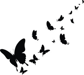Graceful Butterfly Silhouettes in Flight: Ascending Swarm Creating an Elegant and Dynamic Pattern, Ideal for Nature, Freedom, and Transformative Design Concepts.