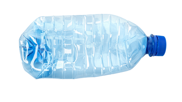 Crushed empty plastic water bottle with blue cap on white background
