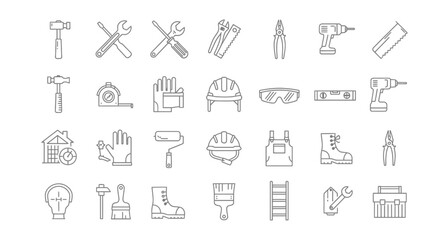 Fototapeta premium Set of line icons for diy tools and work clothes