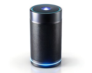 A black cylindrical smart speaker with blue light isolated on a white background