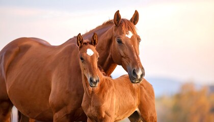 Obraz premium A mare and foal in a field at dawn