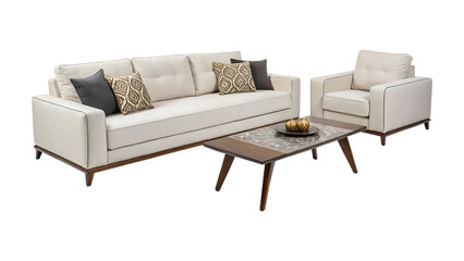 Cream sofa set with patterned pillows and coffee table armchair
