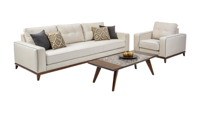 Cream sofa set with patterned pillows and coffee table armchair