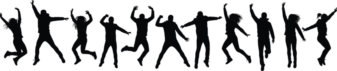 Title: "Joyful Jumping Silhouettes: Energetic Crowd Celebrating Success, Happiness, and Freedom in a Dynamic Row, Perfect for Positive Emotion and Group Achievement Concepts.