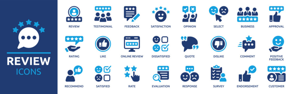 Review icon set. Containing feedback, rating, testimonial, satisfaction, comment, opinion, like, customer, recommend and more. Solid vector icons collection.