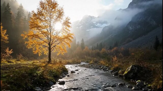 A single golden autumn tree illuminated by beautiful sunlight on the bank of a river in a misty mountain valley.