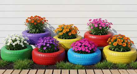 colorful tire flower planters arranged against white wooden wall