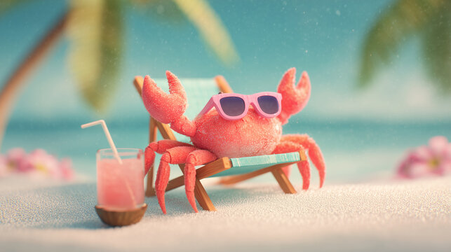 funny crab with sunglasses lounging on beach chair holding tropical cocktail — perfect for summer vacation ads, children’s book illustrations, beach party flyers, or travel blog visuals