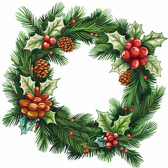 Fototapeta premium A cartoon illustration of a Christmas wreath with green holly leaves, red berries, pine branches and pine cones with copy space for text.