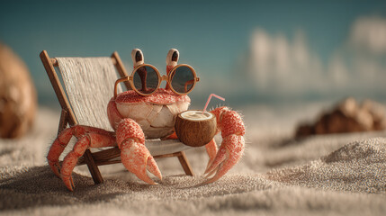 funny crab with sunglasses lounging on beach chair holding tropical cocktail — perfect for summer vacation ads, children’s book illustrations, beach party flyers, or travel blog visuals