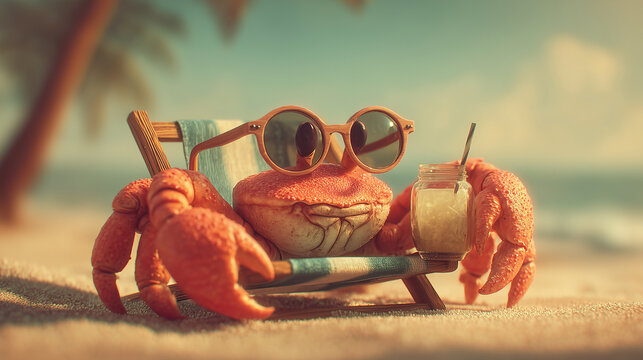 funny crab with sunglasses lounging on beach chair holding tropical cocktail — perfect for summer vacation ads, children’s book illustrations, beach party flyers, or travel blog visuals