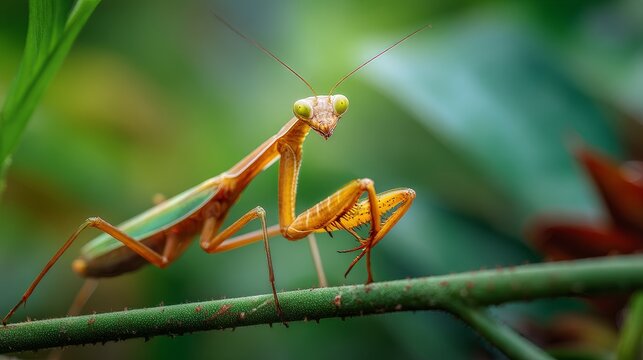 A golden mantis perches on a thorny green stem eyes focused amid blurred foliage