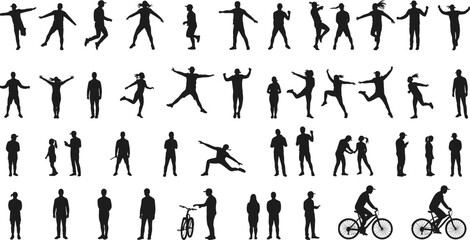Diverse Silhouettes of People in Various Poses and Activities, Including Walking, Jumping, and Cycling, Ideal for Crowd Scenes, Urban Life, and Graphic Design Elements.