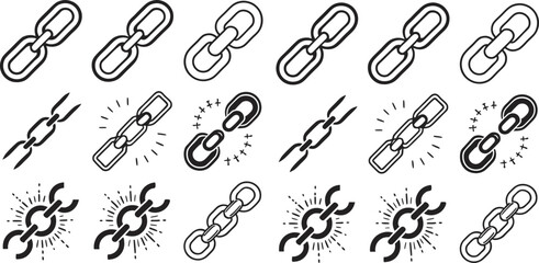 Black Line Link Icons Set including Flat Chain Connection Hyperlink and Web Symbol Collection with Minimal Link Icon Group for UI Web Network Attachment Communication and Media Projects