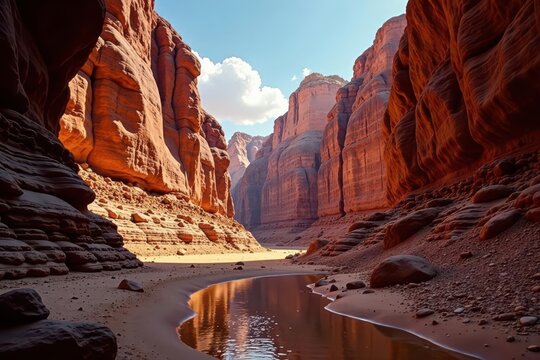 Dramatic Wadi Al Disah canyon, towering sandstone cliffs, texture, vista