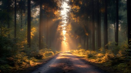 Fototapeta premium Golden sunlight illuminating forest path at dawn