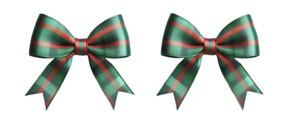 Green and red festive bows with satin ribbon on white background