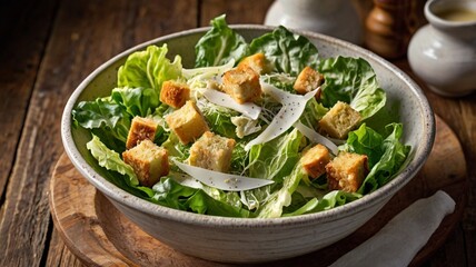 A vibrant, close-up shot of a freshly made Caesar salad with crisp romaine lettuce, golden garlic croutons, shaved Parmesan cheese
