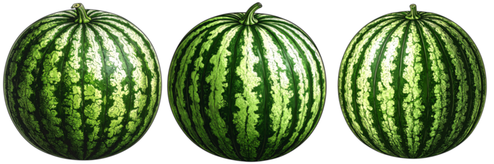 Set Of Hand-Drawn Sketch of Watermelon with Detailed Texture, Transparent Background