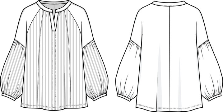 Fashion blouse sketch with puffed sleeves, striped pattern front, plain back view, round neckline, elastic cuffs, technical garment drawing, relaxed fit clothing illustration
