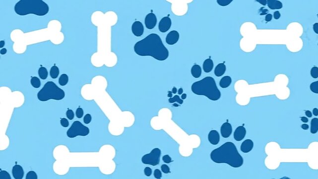 Blue background with a pattern of white bones and blue paw prints scattered across the surface