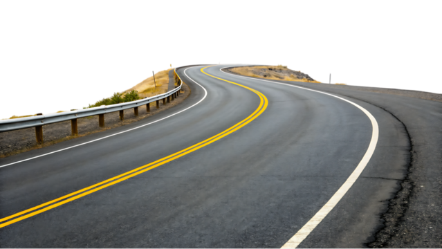Winding asphalt road with yellow and white lane markings curve