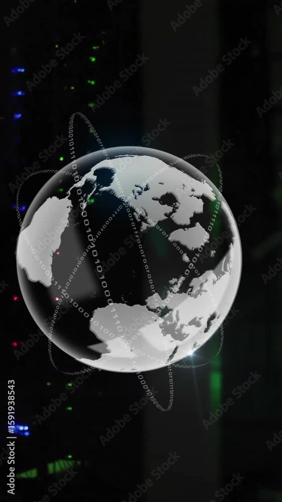 Poster animation of globe and data processing over computer servers