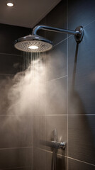 Hot shower head with steam and water flow in modern bathroom with dark tile wall