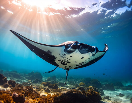 Manta Rochen schwimmt im seichten Gew&auml;sser / Manta ray swims in shallow water