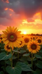 Obraz premium Golden hour light bathes tall sunflowers, fiery sunset sky , peaceful, summer