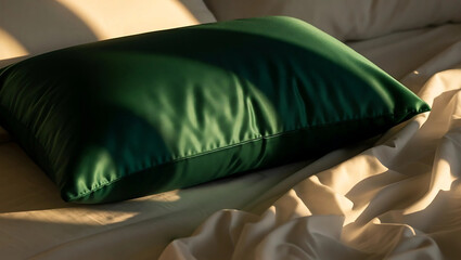 Comfortable Deep Green Pillow on Soft White Bedding with Warm Sunlight