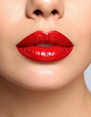 Fototapeta premium Close-up of woman's lips with vibrant red lipstick (1)