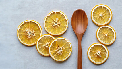 Dried Lemon Slices and Wooden Spoon on Textured Rustic White Table