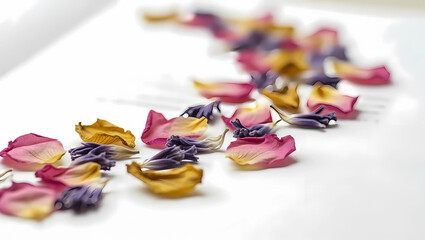 Beautiful Delicate Dried Flowers and Lavender Scattered on a White Surface
