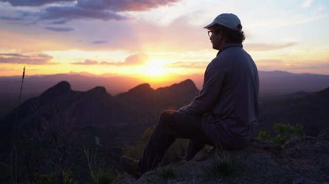 A man at a scenic overlook praying at sunset