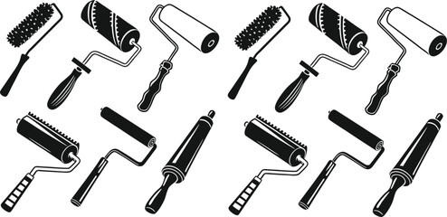 Black Line Paint Roller Icons Set including Flat Painting Tool Renovation and Decoration Symbol Collection with Minimal Roller Icon Group for UI Web Construction Wall and DIY Projects