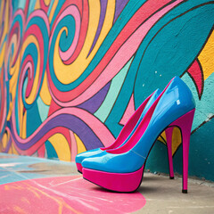 Bright Blue High Heels with Pink Soles Against Colorful Abstract Wall Mural

