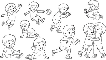 Children Playing Line Art Vector Set Featuring Kids in Various Activities for Educational Designs